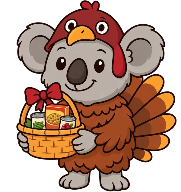 Coco Koala dressed as a turkey, holding a basket of Thanksgiving food