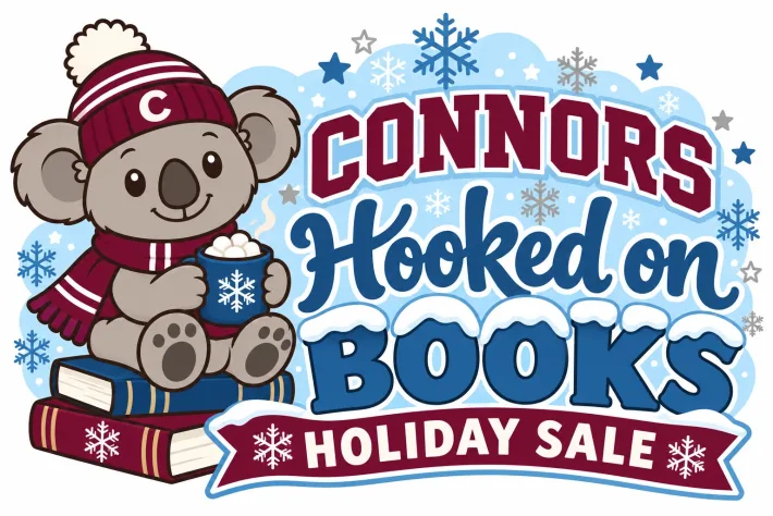 Coco Koala on a stack of books beside the words Connors Hooked on Books Holiday Sale