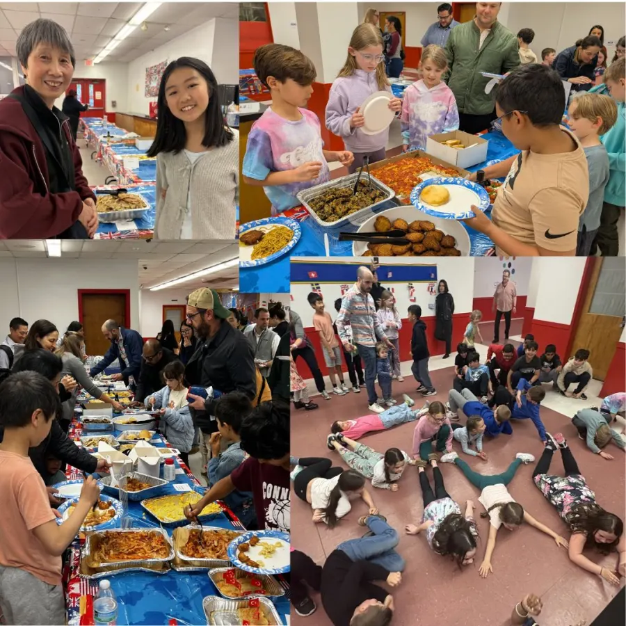 Kids filling their plates at the buffet and a group game on the cafeteria floor