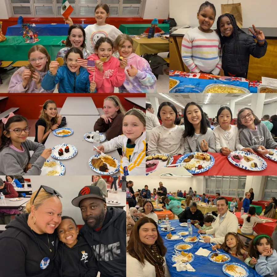 Connors kids holding up small flags and families sharing dinner at long tables
