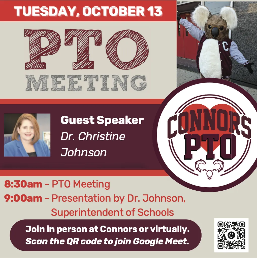 October 13 PTO Meeting flyer with guest speaker Dr. Christine Johnson, Superintendent of Schools