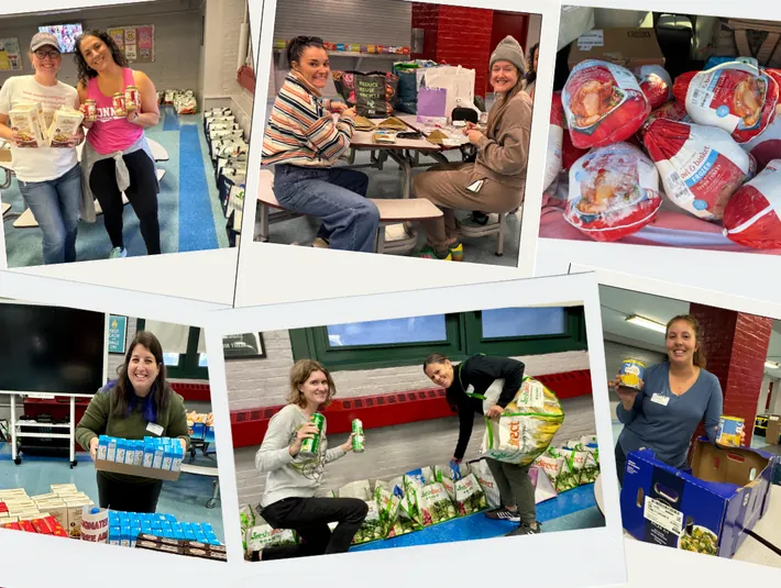Connors parents holding up donated food for the ThanksGIVING Dinner Baskets